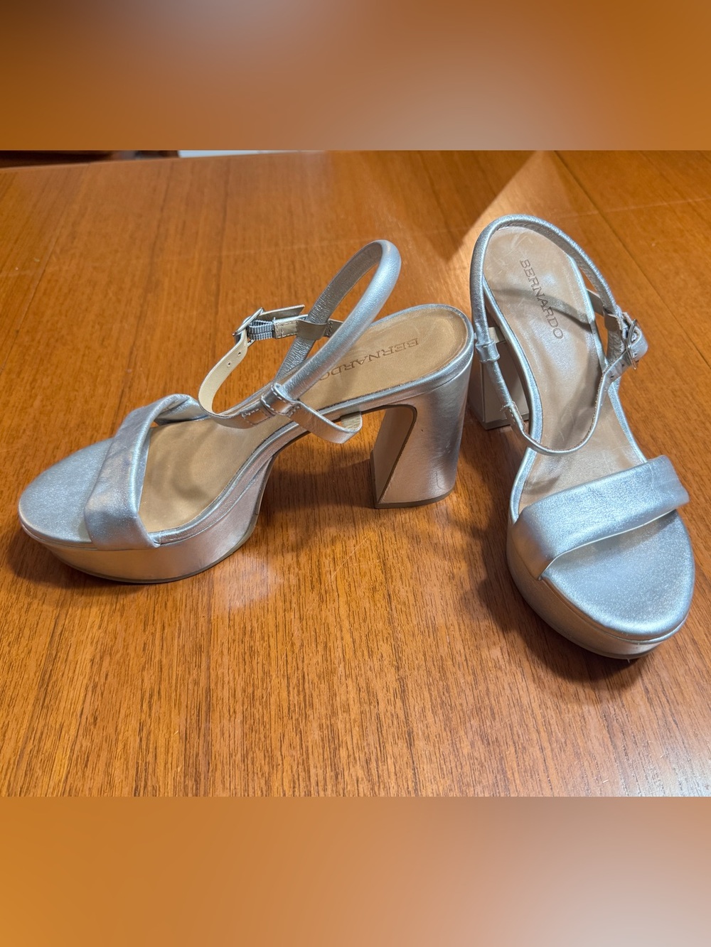 NWT-8.5-Bernardo Ventura Silver Ankle strapped Block Platform Heeled Sandals